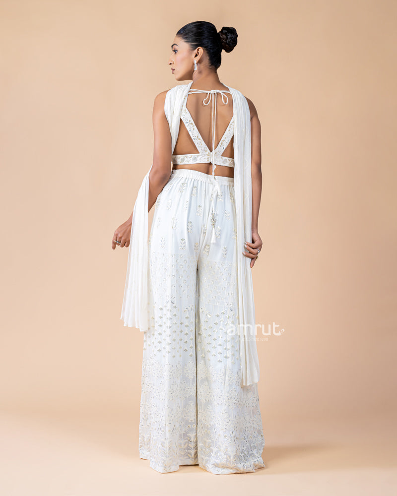 White Palazzo and Crop Top Set with Net Dupatta