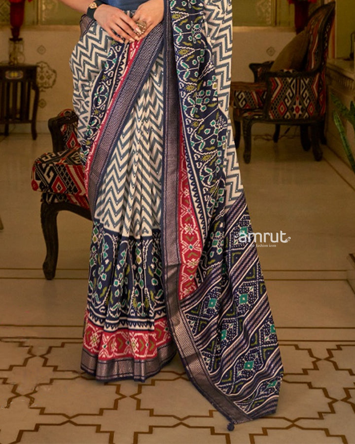 White Patola Saree With Dark Blue Stripes And Unstitched Blouse