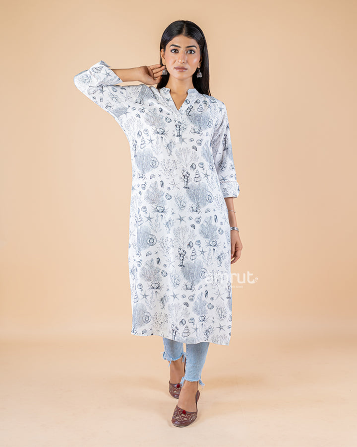 White Print Straight Cut Printed Kurti