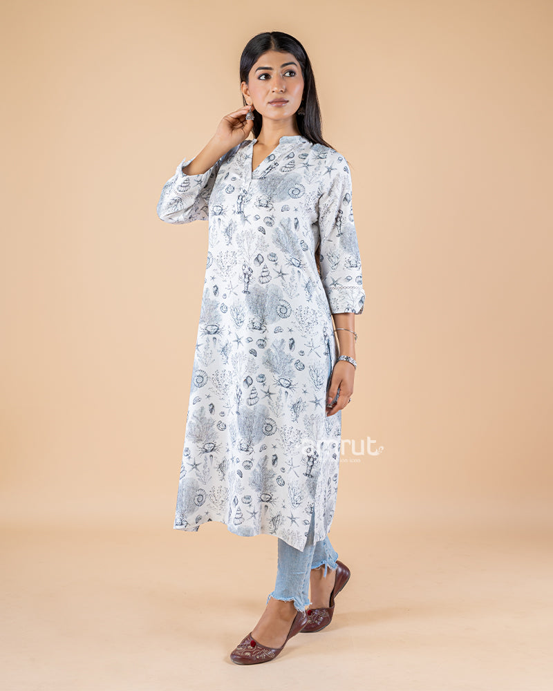 White Print Straight Cut Printed Kurti