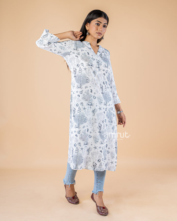 White Print Straight Cut Printed Kurti