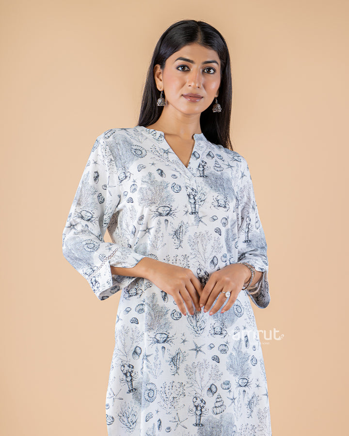 White Print Straight Cut Printed Kurti