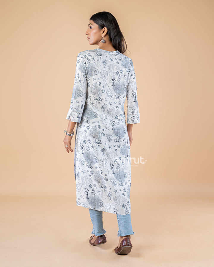 White Print Straight Cut Printed Kurti