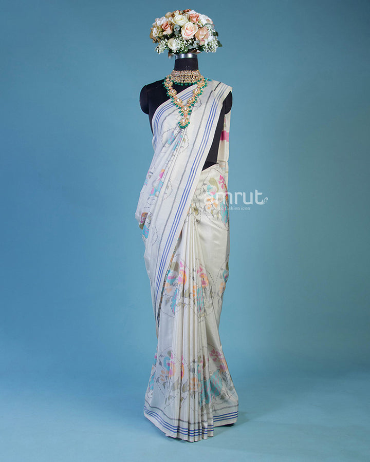 White Printed Cotton Silk Saree With Unstitch Blouse