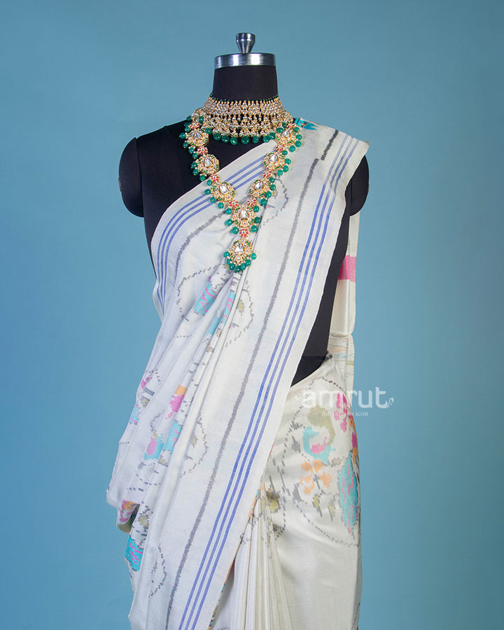 White Printed Cotton Silk Saree With Unstitch Blouse