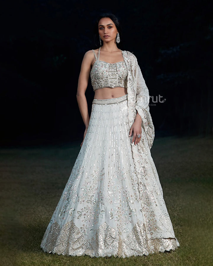 White Sequins Embroidered Lehenga Crop Top With Dupatta