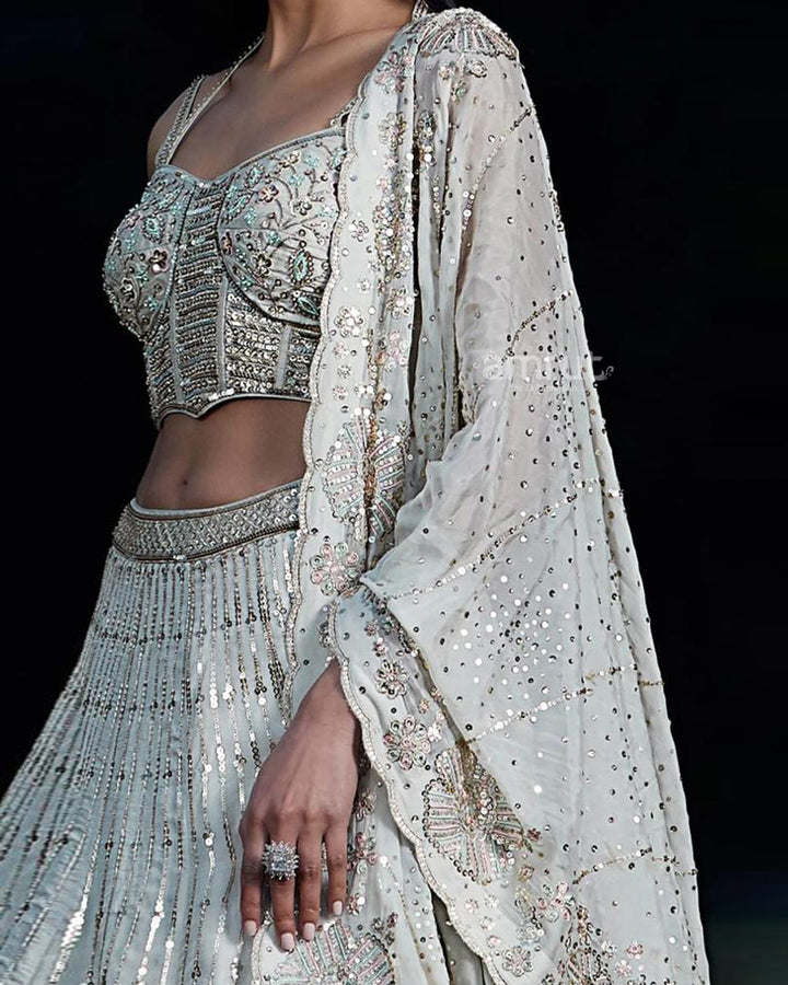 White Sequins Embroidered Lehenga Crop Top With Dupatta