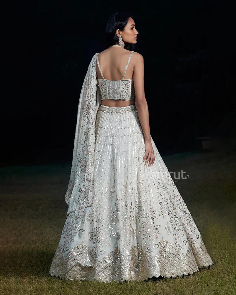 White Sequins Embroidered Lehenga Crop Top With Dupatta