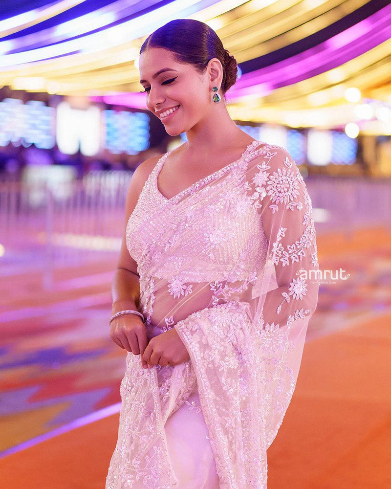 White Sequins Embroidered Saree With Stitched Blouse