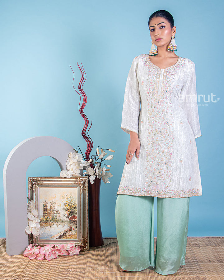 White Silk Embroidered Palazzo Set With Sequin Work