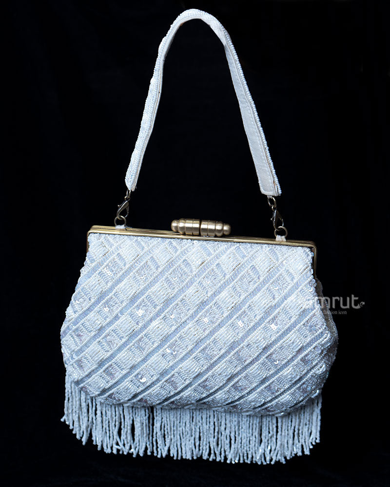 White Bead-Embellished Clutch Bag with wide Hand Strap 01