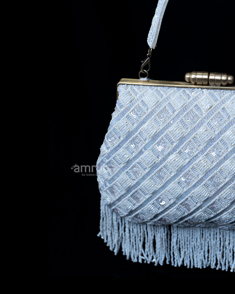 White Bead-Embellished Clutch Bag with wide Hand Strap 02