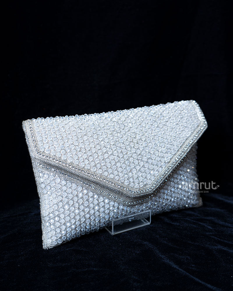 White Beaded Envelope with Silver Trim Clutch Purse 01