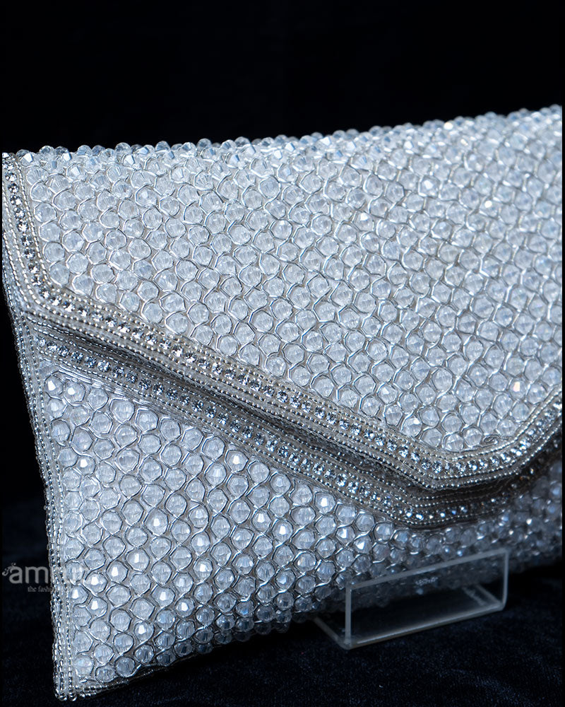 White Beaded Envelope with Silver Trim Clutch Purse 02