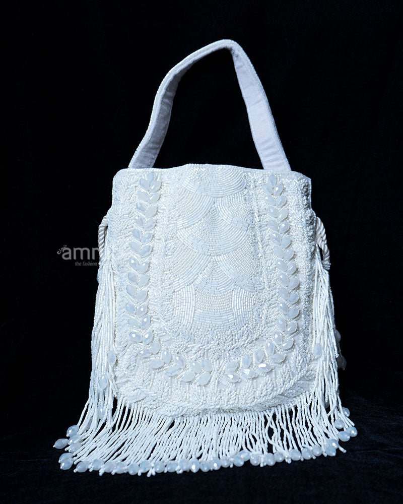 White Beaded with Pearl Accents and Fringe Handbag  01