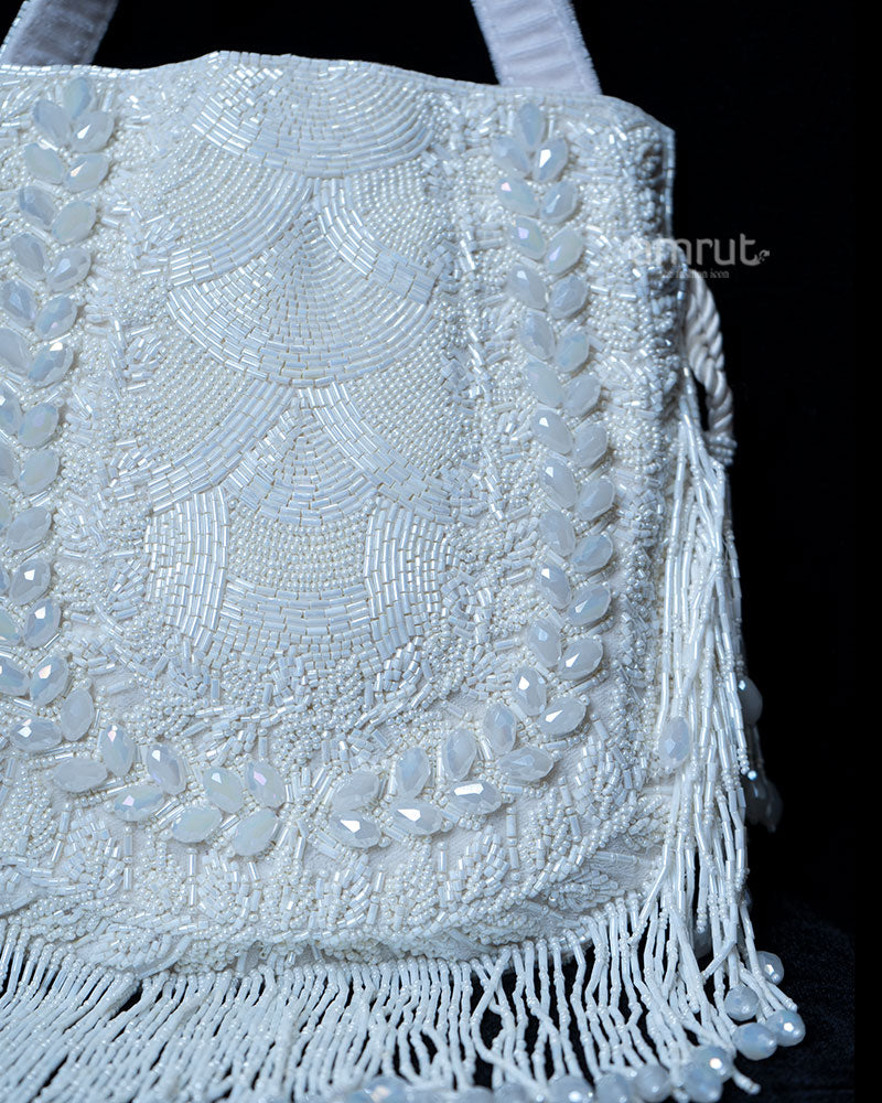 White Beaded with Pearl Accents and Fringe Handbag  02