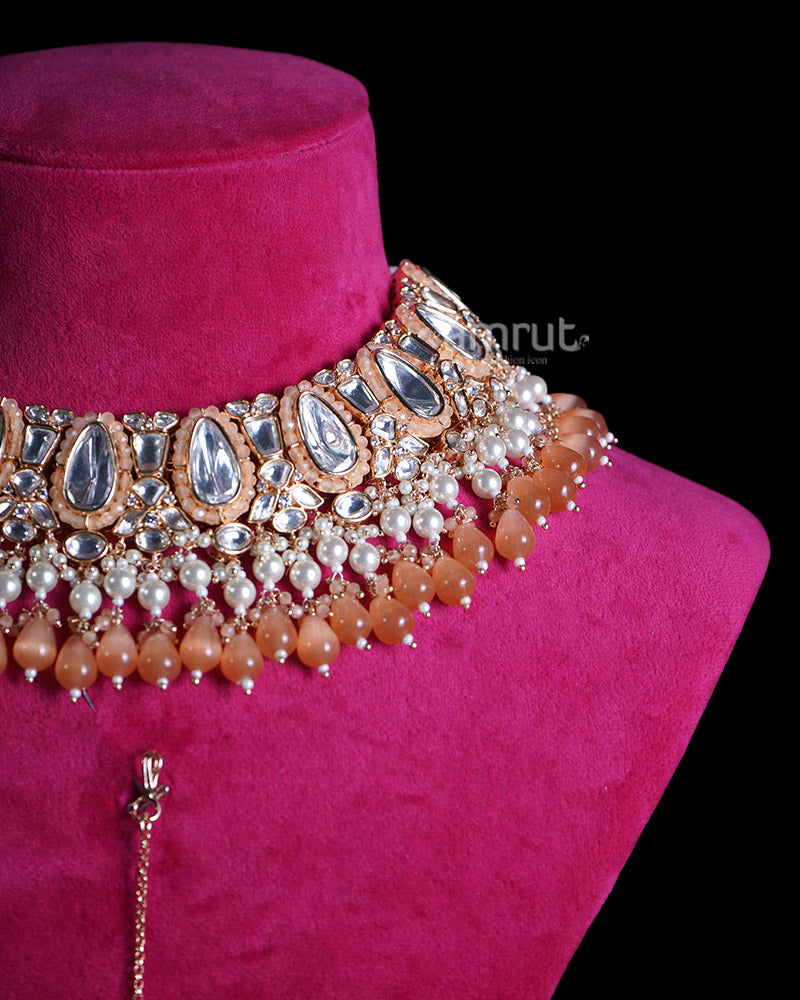 White Diamond and Light Peach Beads Emerald Bridal Jewelry Set 02