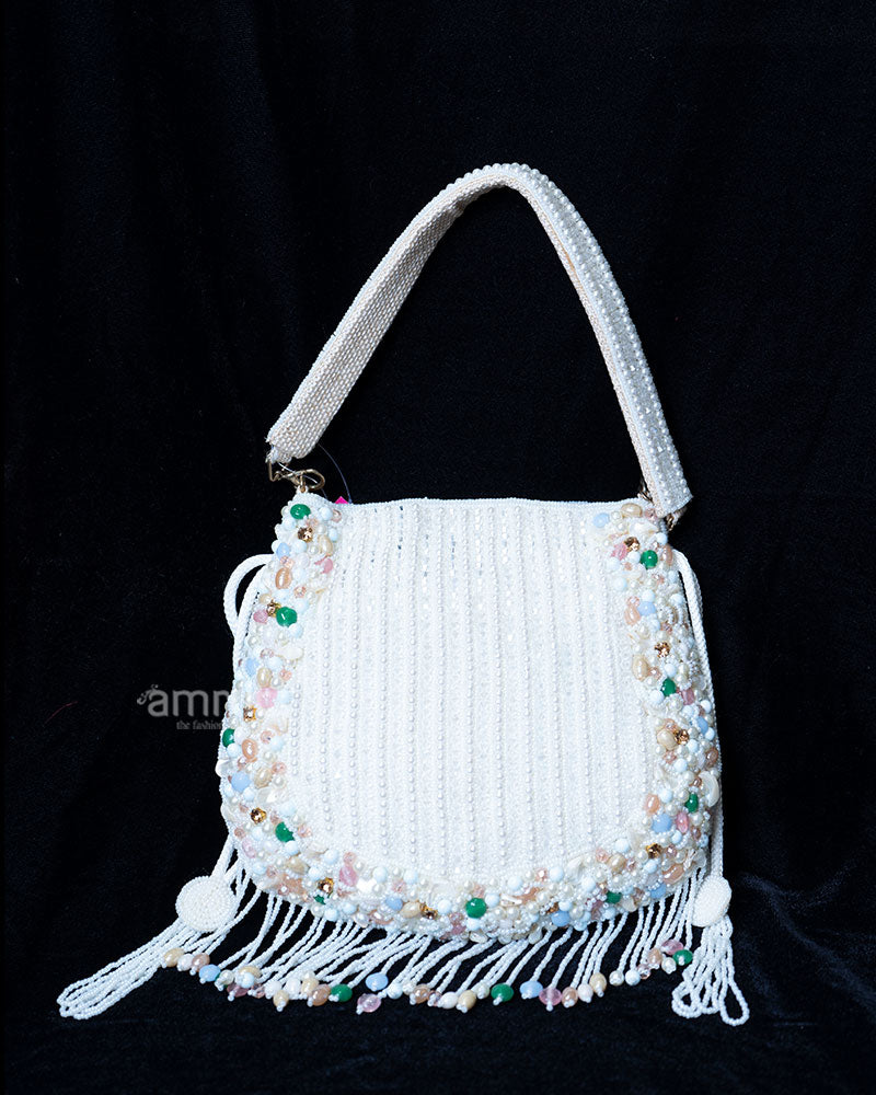 White Pastel Beaded Fringe with Gemstone Accents Handbag 01