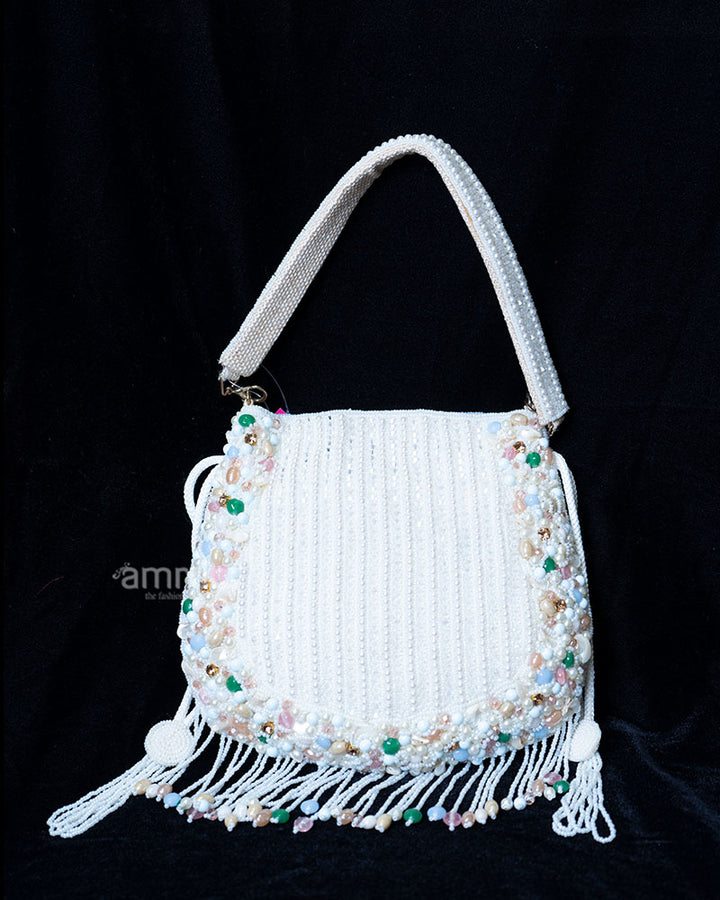 White Pastel Beaded Fringe with Gemstone Accents Handbag 01