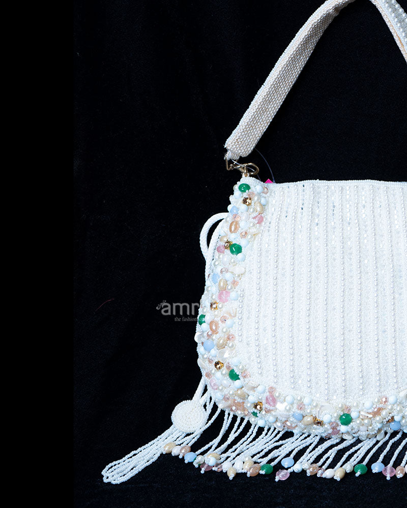 White Pastel Beaded Fringe with Gemstone Accents Handbag 02