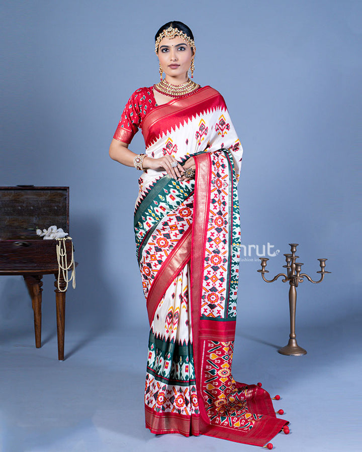 White Patola Printed Viscose Silk Saree with Red Border and Unstitched Blouse 01