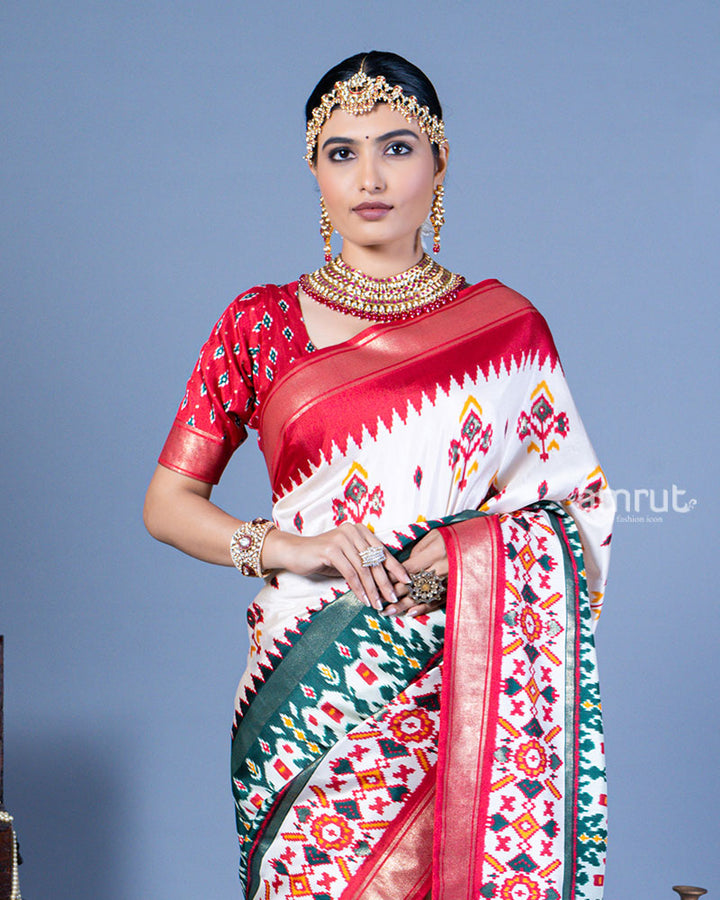 White Patola Printed Viscose Silk Saree with Red Border and Unstitched Blouse 02