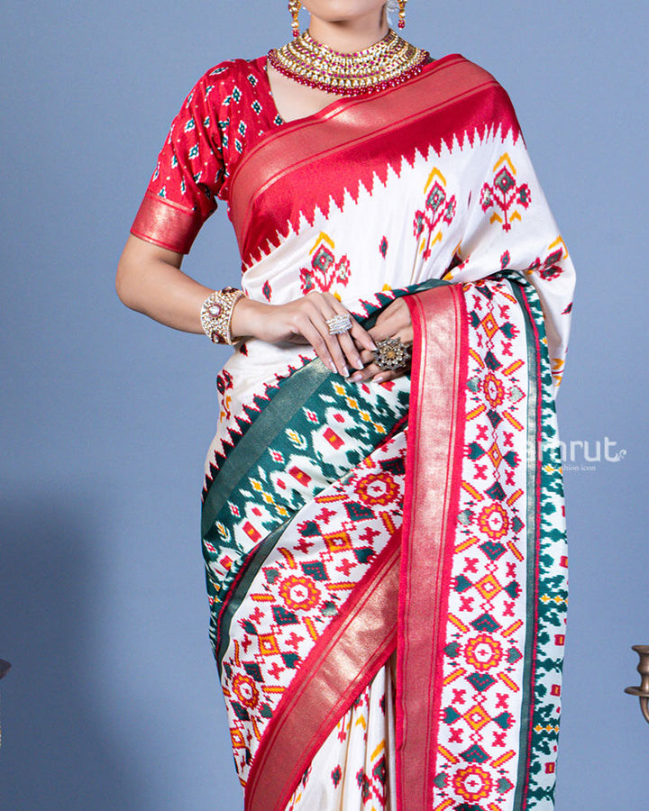 White Patola Printed Viscose Silk Saree with Red Border and Unstitched Blouse 03