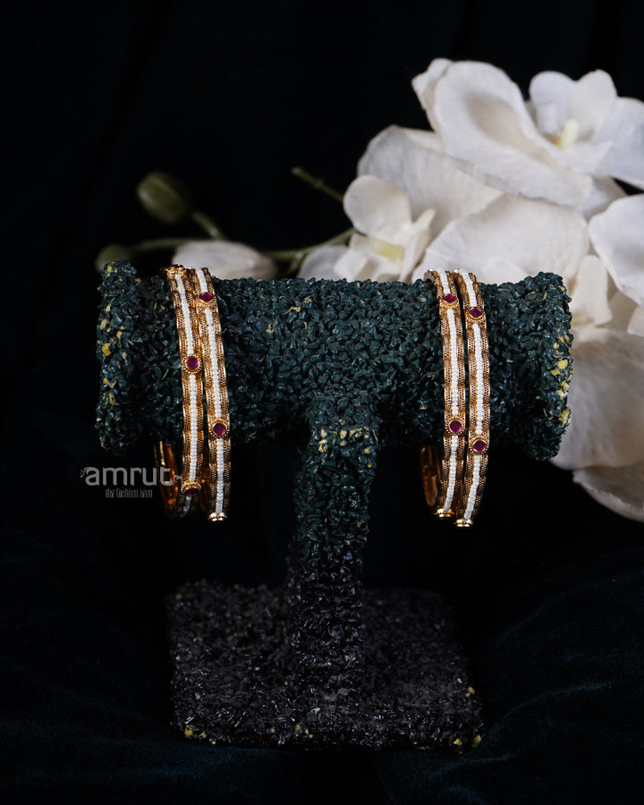 White Pearls and Red Gemstone-Embellished Bangles Set 01