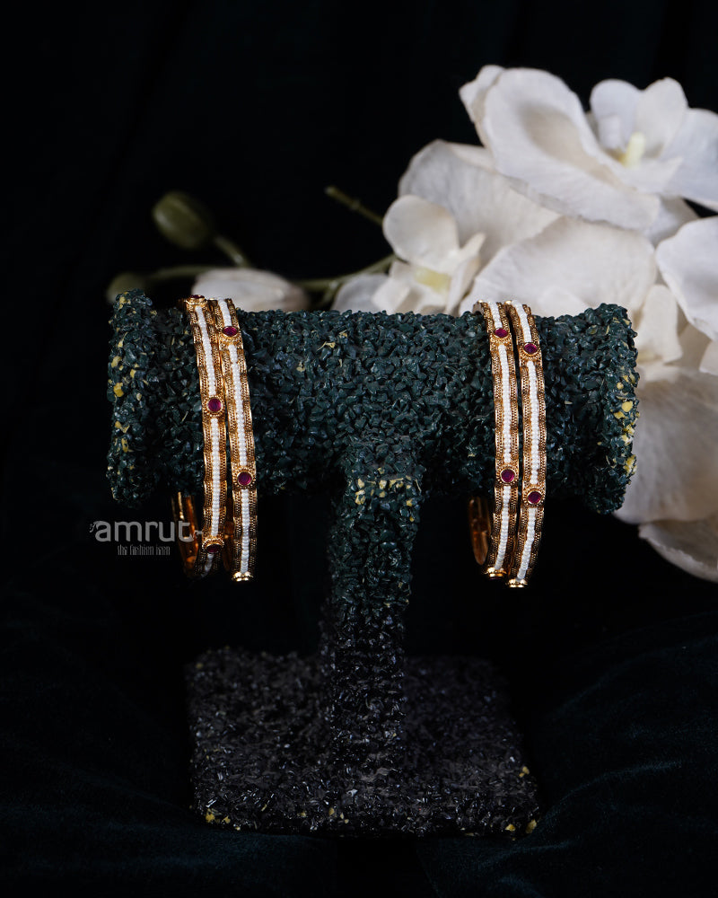 White Pearls and Red Gemstone-Embellished Bangles Set 02