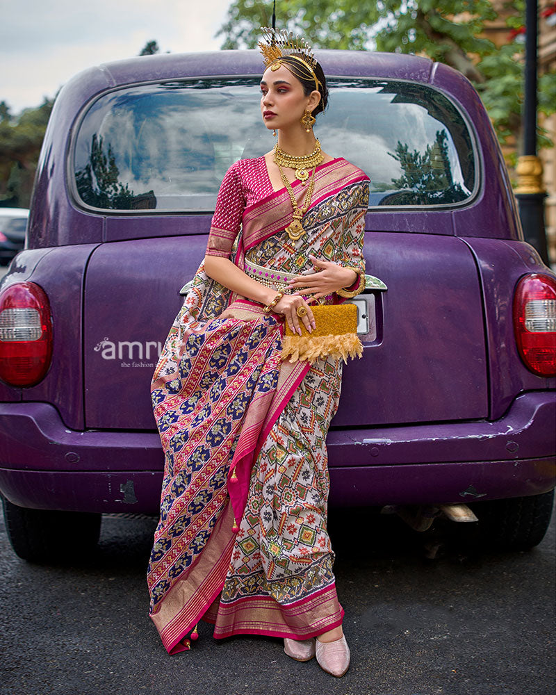 White, Pink and Gold Patola Printed Saree with Zari Border & Unstitched Blouse 01