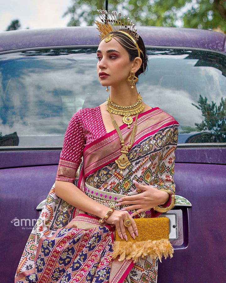 White, Pink and Gold Patola Printed Saree with Zari Border & Unstitched Blouse 02