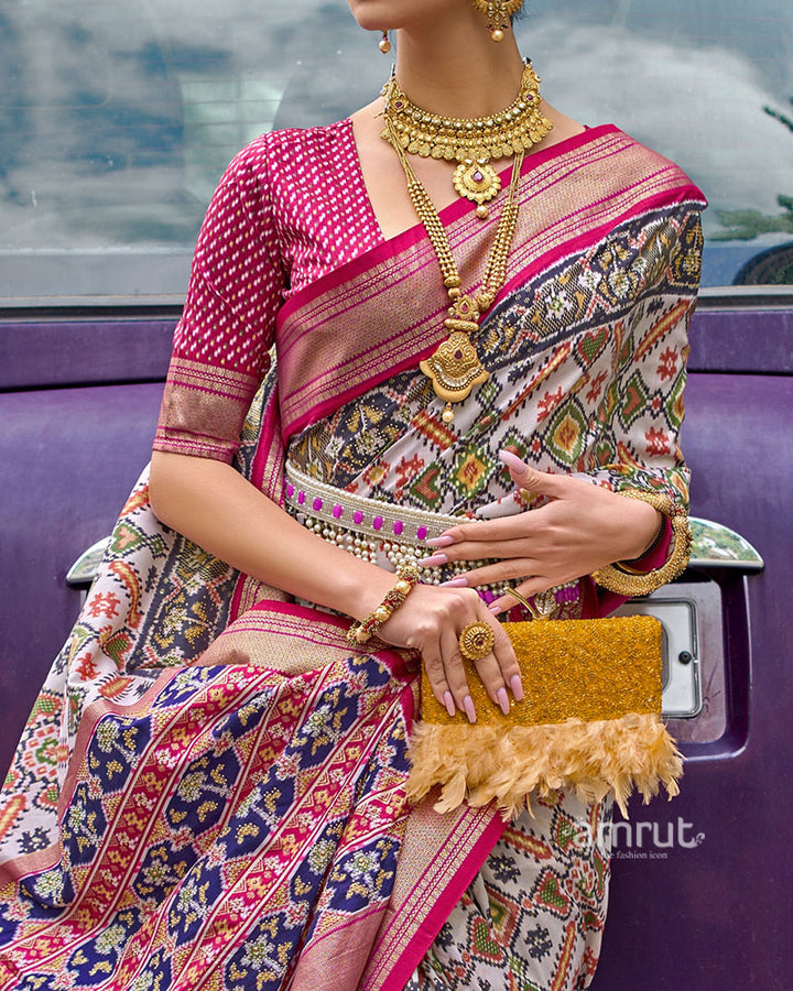 White, Pink and Gold Patola Printed Saree with Zari Border & Unstitched Blouse 03