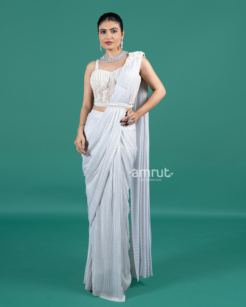 White Pleated Ready-to-Wear Saree with Pearl Embellished Blouse 01