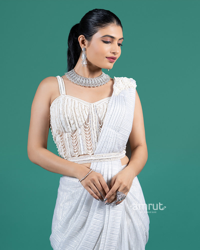 White Pleated Ready-to-Wear Saree with Pearl Embellished Blouse 02
