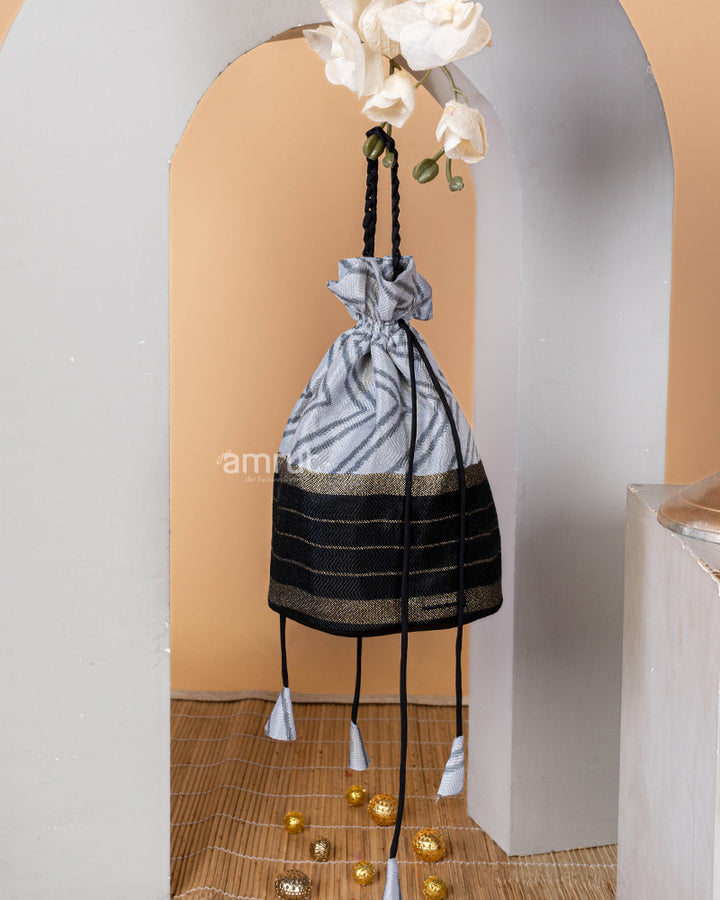 White Wedding Cotton Silk Potli Bag With Black Border for Women