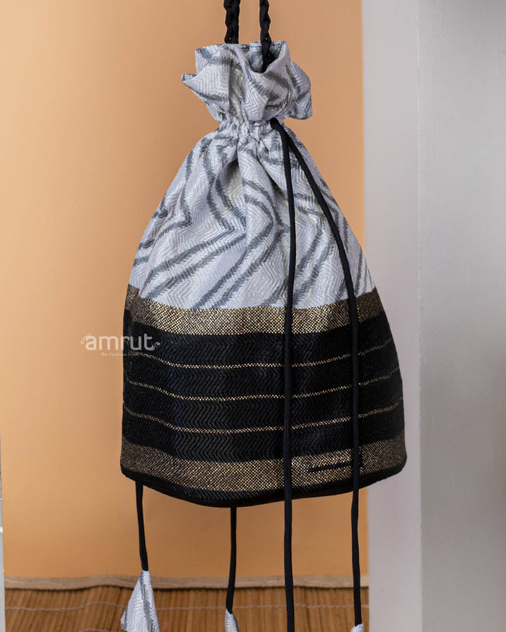 White Wedding Cotton Silk Potli Bag With Black Border for Women