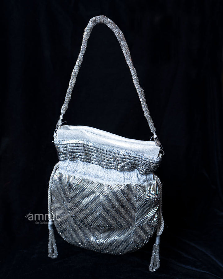 White and Grey Cut Dana Embellished Potli Bag with Hand Straps 01
