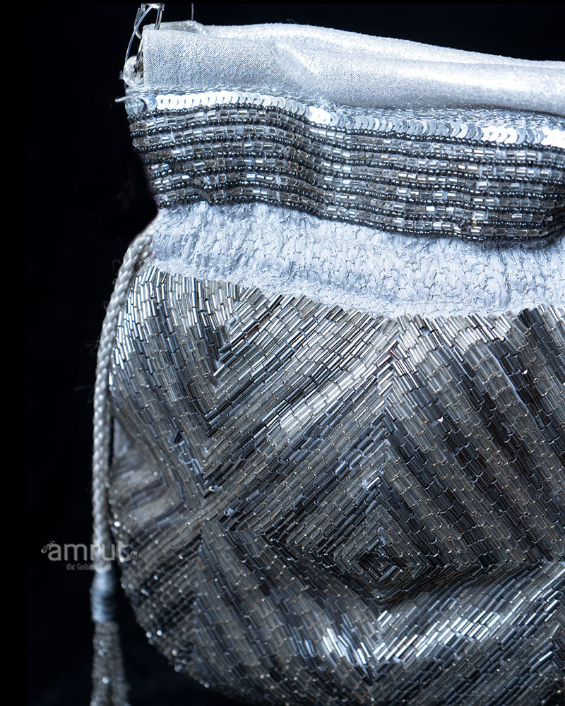 White and Grey Cut Dana Embellished Potli Bag with Hand Straps 02