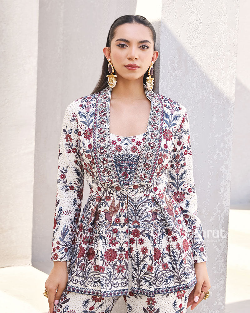 White and Maroon Ethnic Printed Peplum Co-Ord Set 02