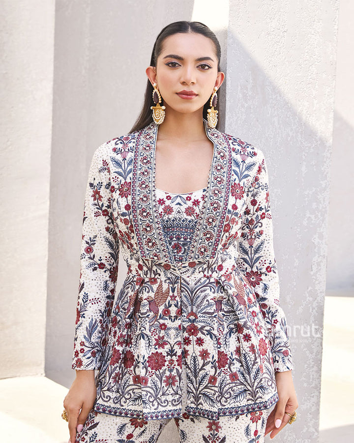 White and Maroon Ethnic Printed Peplum Co-Ord Set 02