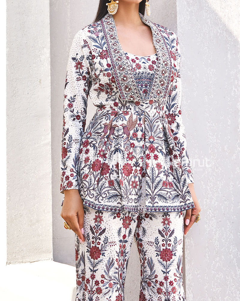 White and Maroon Ethnic Printed Peplum Co-Ord Set 03