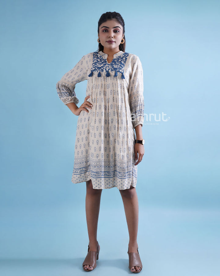 White a-line Style Printed Western Dress