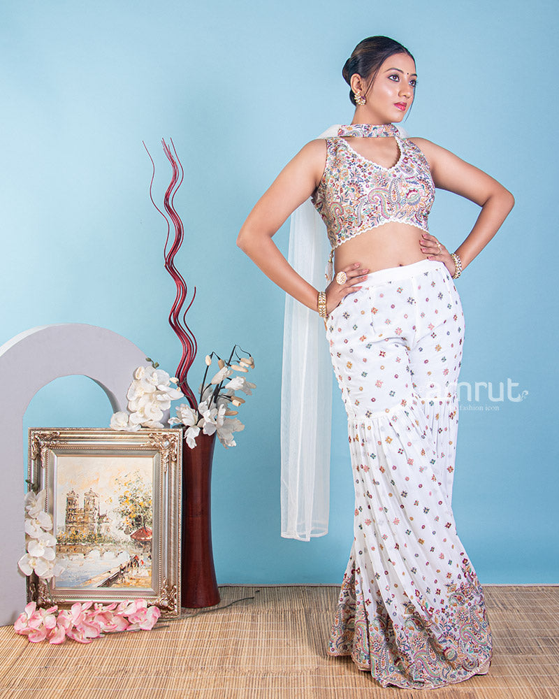 White Crop Top Gharara Set With Floral Embroidery