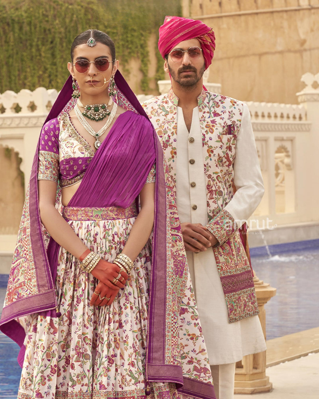 White lehenga Set and Men Kurta Set with Floral Printed Coat