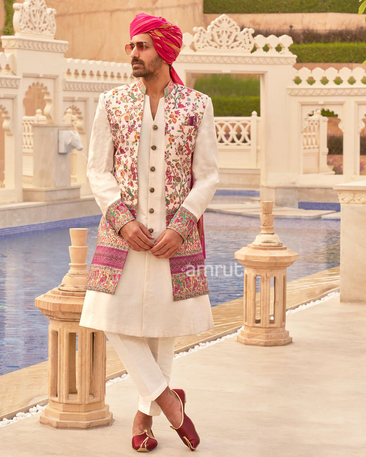 White lehenga Set and Men Kurta Set with Floral Printed Coat