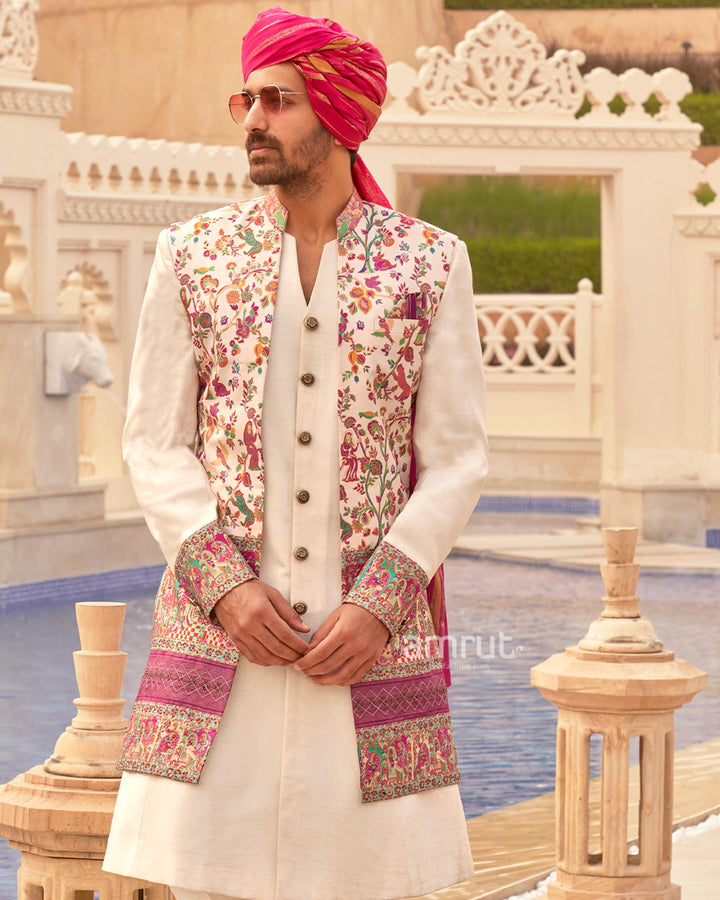 White lehenga Set and Men Kurta Set with Floral Printed Coat