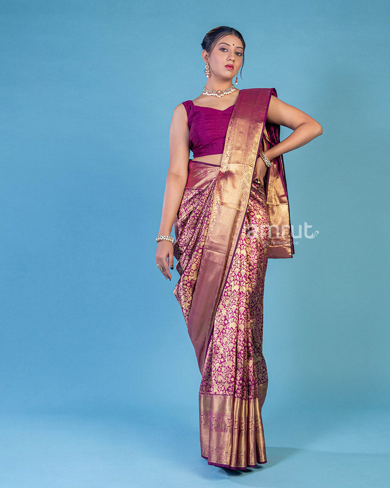 Wine Banarasi Silk Saree With Unstitched Blouse Piece