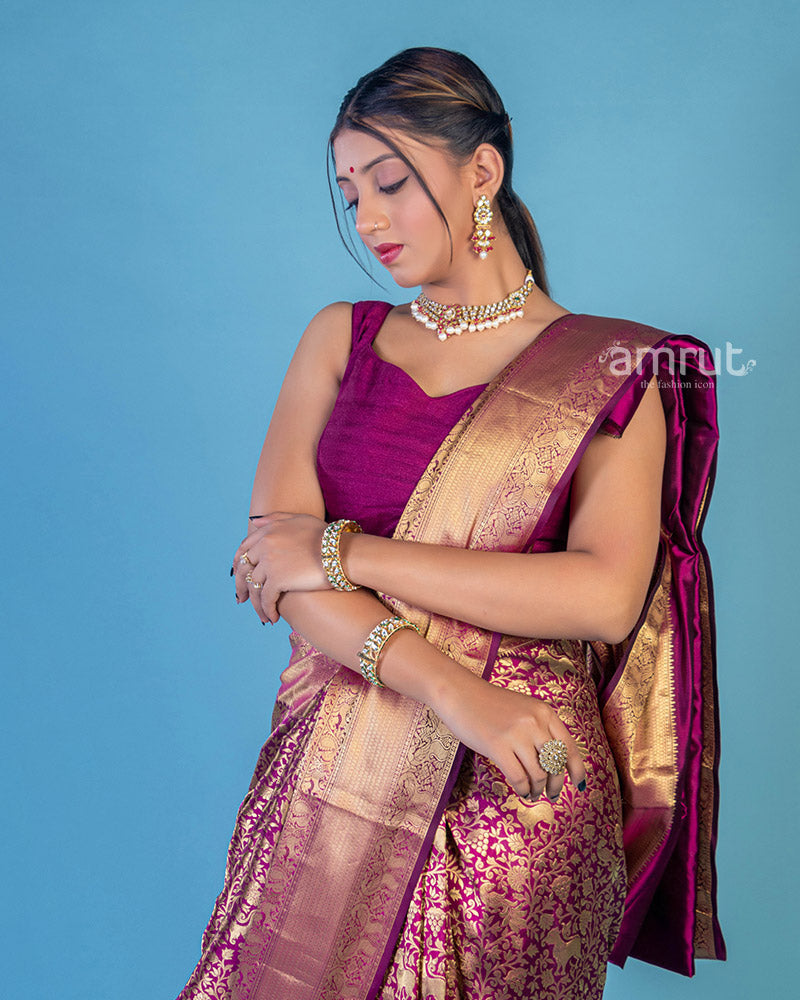 Wine Banarasi Silk Saree With Unstitched Blouse Piece