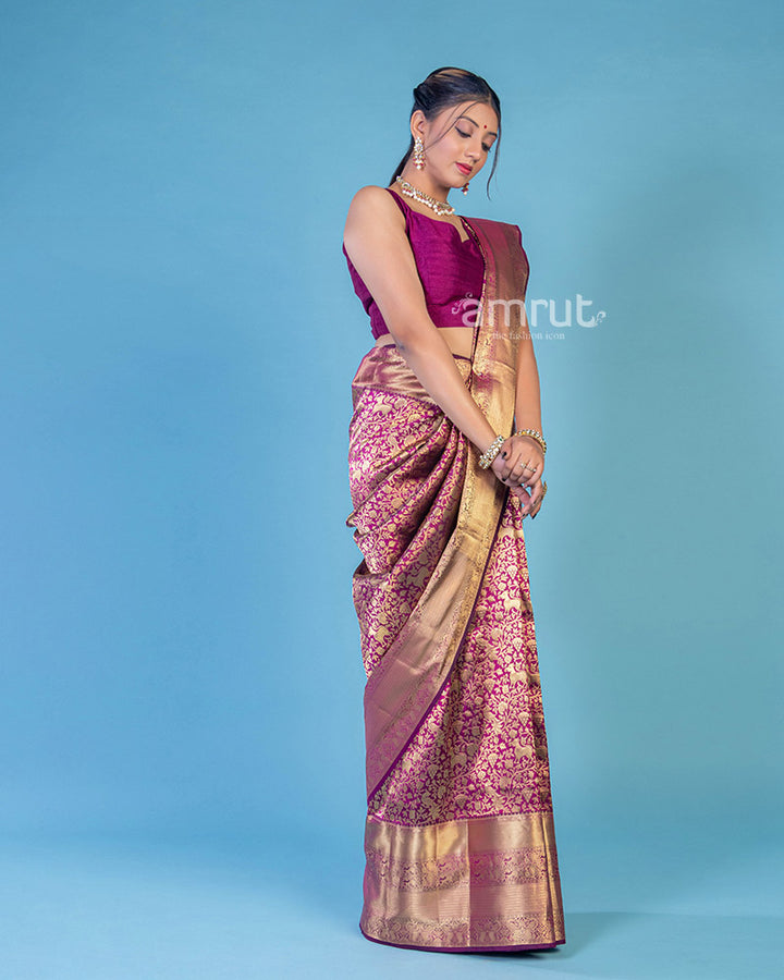 Wine Banarasi Silk Saree With Unstitched Blouse Piece