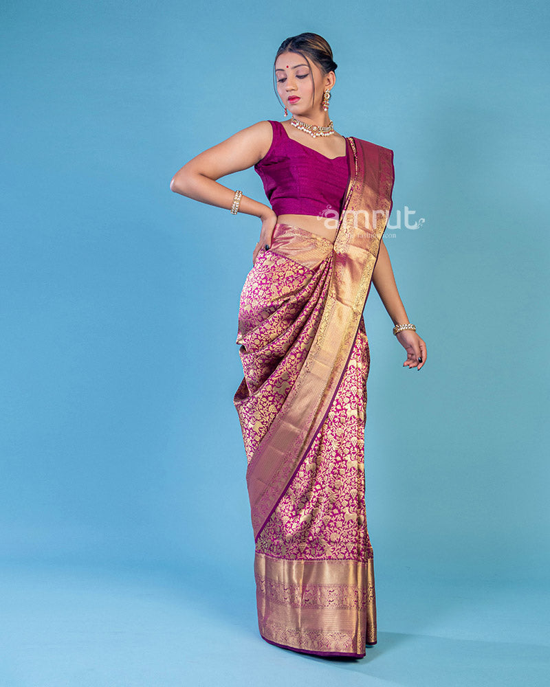 Wine Banarasi Silk Saree With Unstitched Blouse Piece